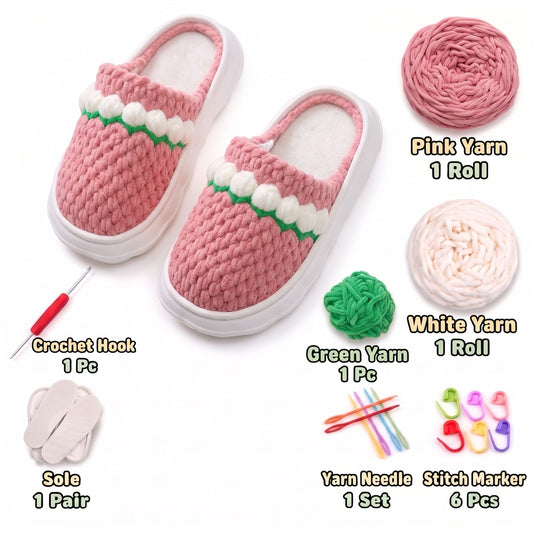 Pink, White & Green DIY crochet slipper kit with yarn, soles, crochet hook and accessories, design A32