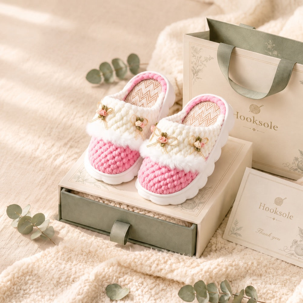 Blush Pink Knit-Look Plush Slippers – Soft Cushioned House Shoes, product photo 1 of 5