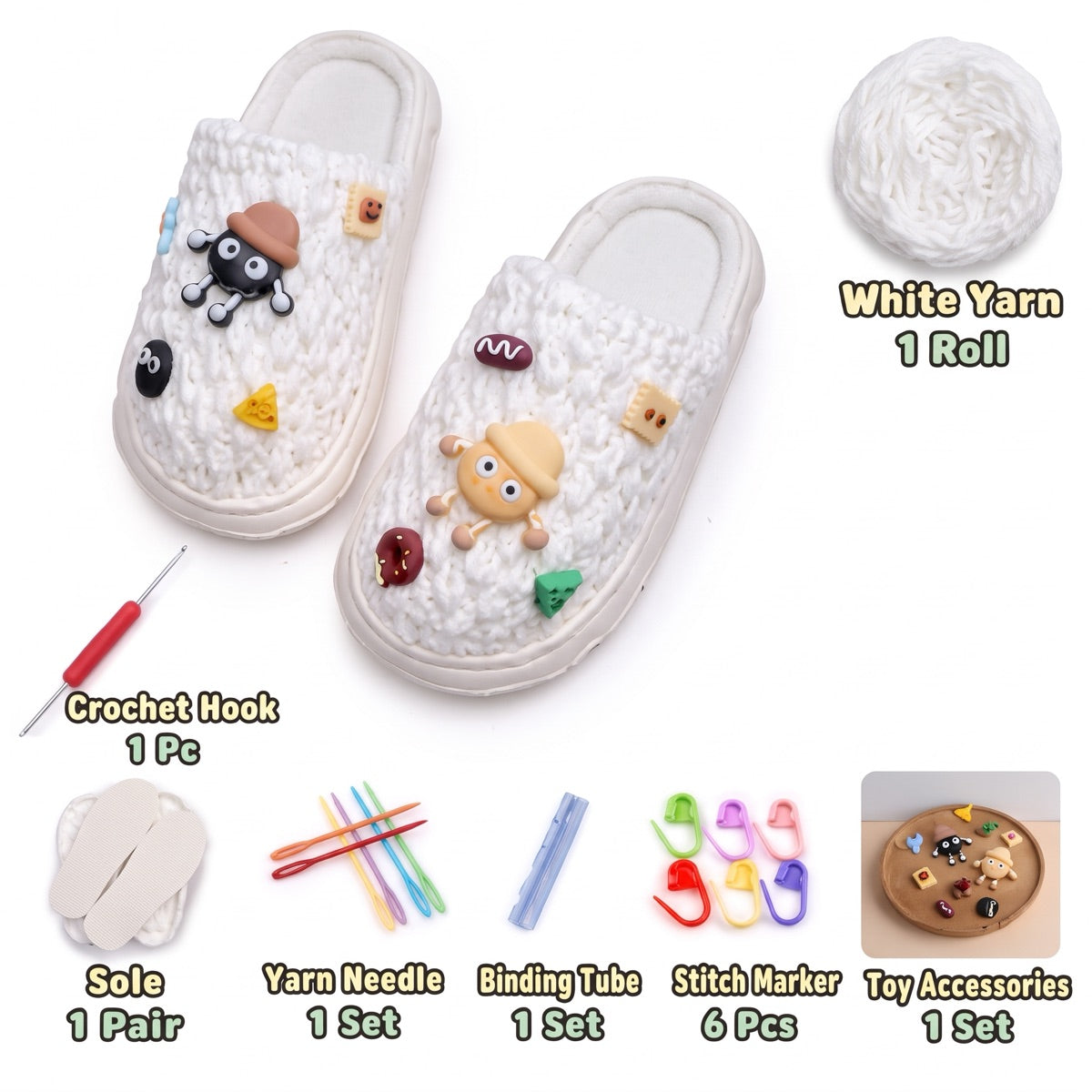 White DIY crochet slipper kit with yarn, soles, crochet hook and accessories, design A7