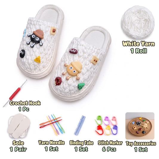 White DIY crochet slipper kit with yarn, soles, crochet hook and accessories, design A7