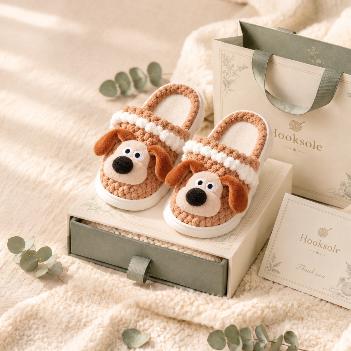Brown Dog Knit-Look Plush Slippers – Cozy Cute House Shoes