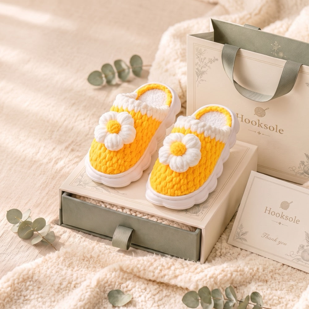 Golden Yellow Knit-Look Plush Slippers – Soft Cushioned House Shoes, product photo 1 of 5