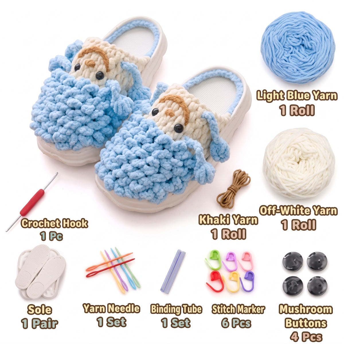 Light Blue & Khaki DIY crochet slipper kit with yarn, soles, crochet hook and accessories, design A37