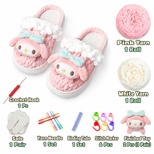 Pink & White DIY crochet slipper kit with yarn, soles, crochet hook and accessories, design A2