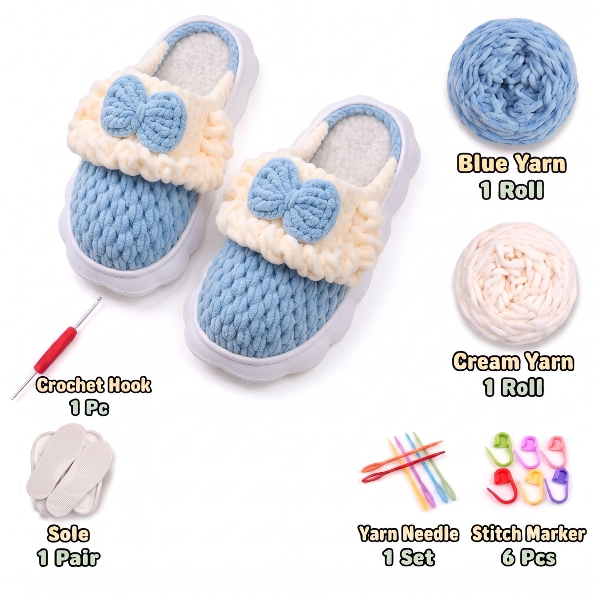 Blue & Cream DIY crochet slipper kit with yarn, soles, crochet hook and accessories, design A18