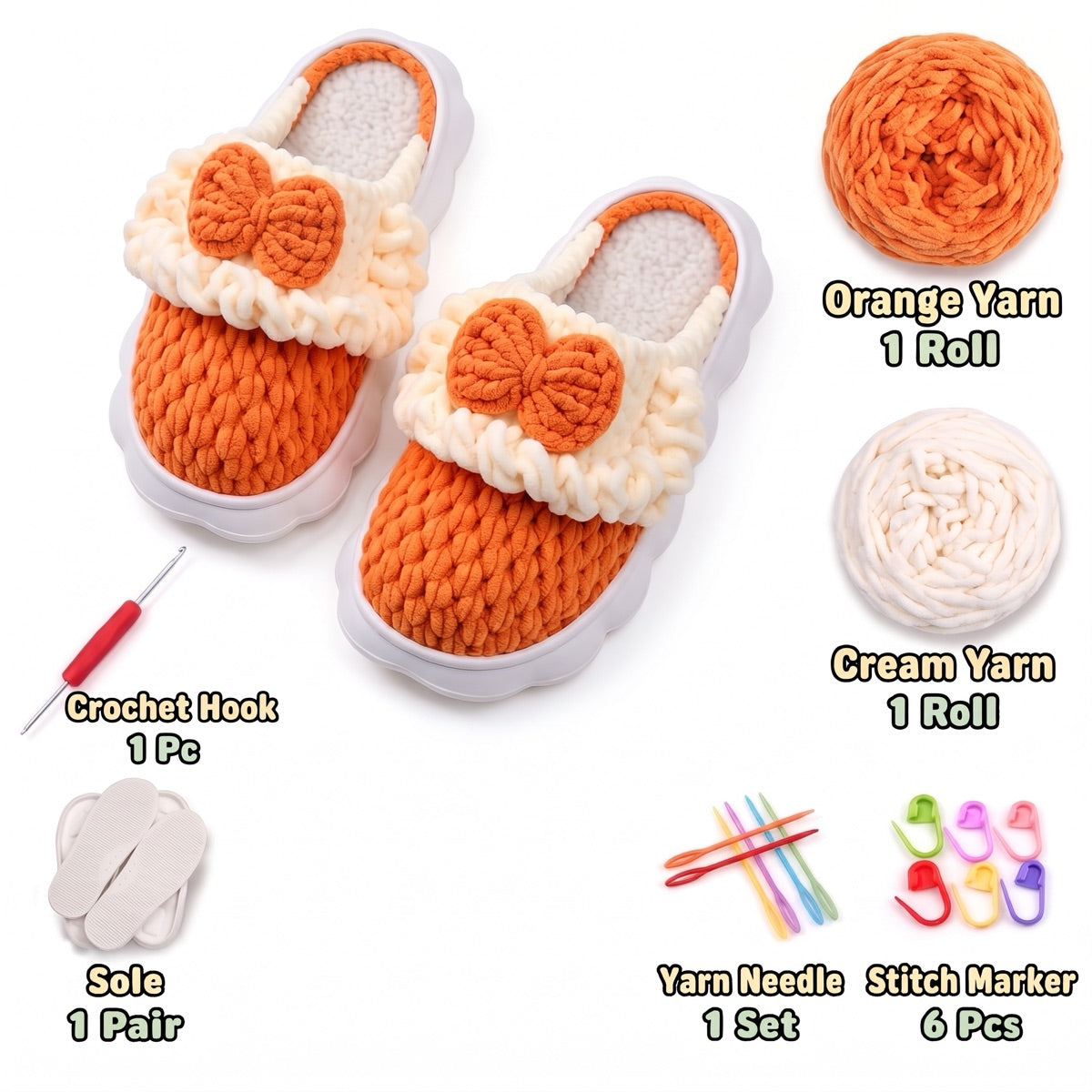 Orange & Cream DIY crochet slipper kit with yarn, soles, crochet hook and accessories, design A14