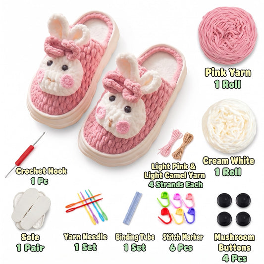 Pink & Camel DIY crochet slipper kit with yarn, soles, crochet hook and accessories, design A27