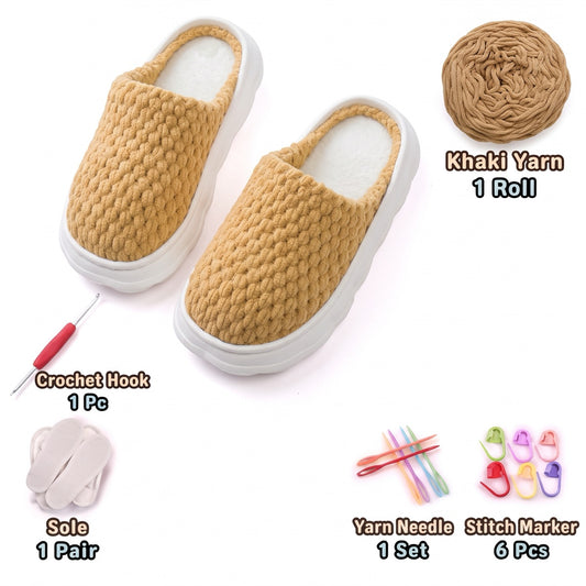 Khaki DIY crochet slipper kit with yarn, soles, crochet hook and accessories, design A53