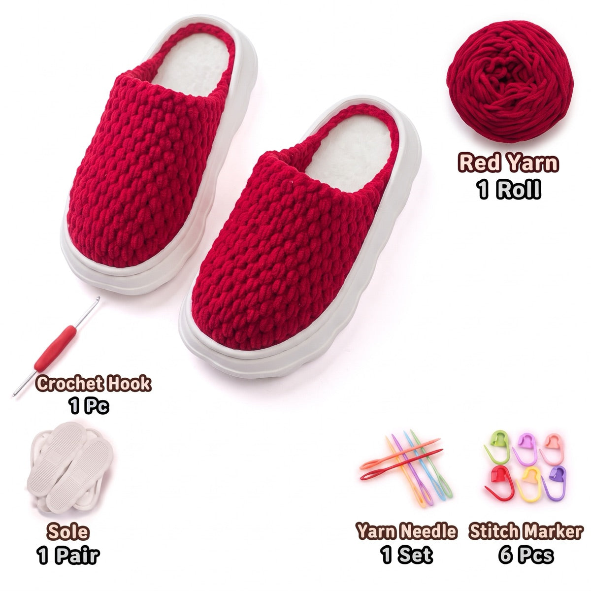 Red DIY crochet slipper kit with yarn, soles, crochet hook and accessories, design A51