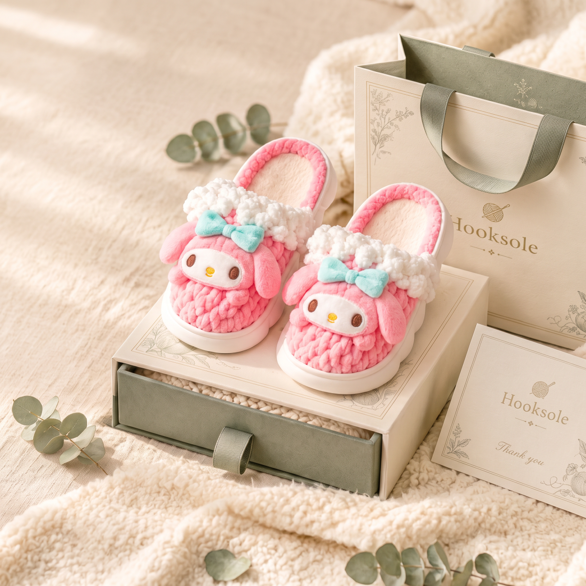 Pink Bunny Knit-Look Plush Slippers – Cute Cozy House Shoes for Women