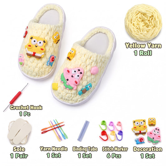 Yellow DIY crochet slipper kit with yarn, soles, crochet hook and accessories, design A23