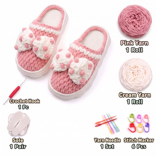 Rose Pink & Cream DIY crochet slipper kit with yarn, soles, crochet hook and accessories, design A42