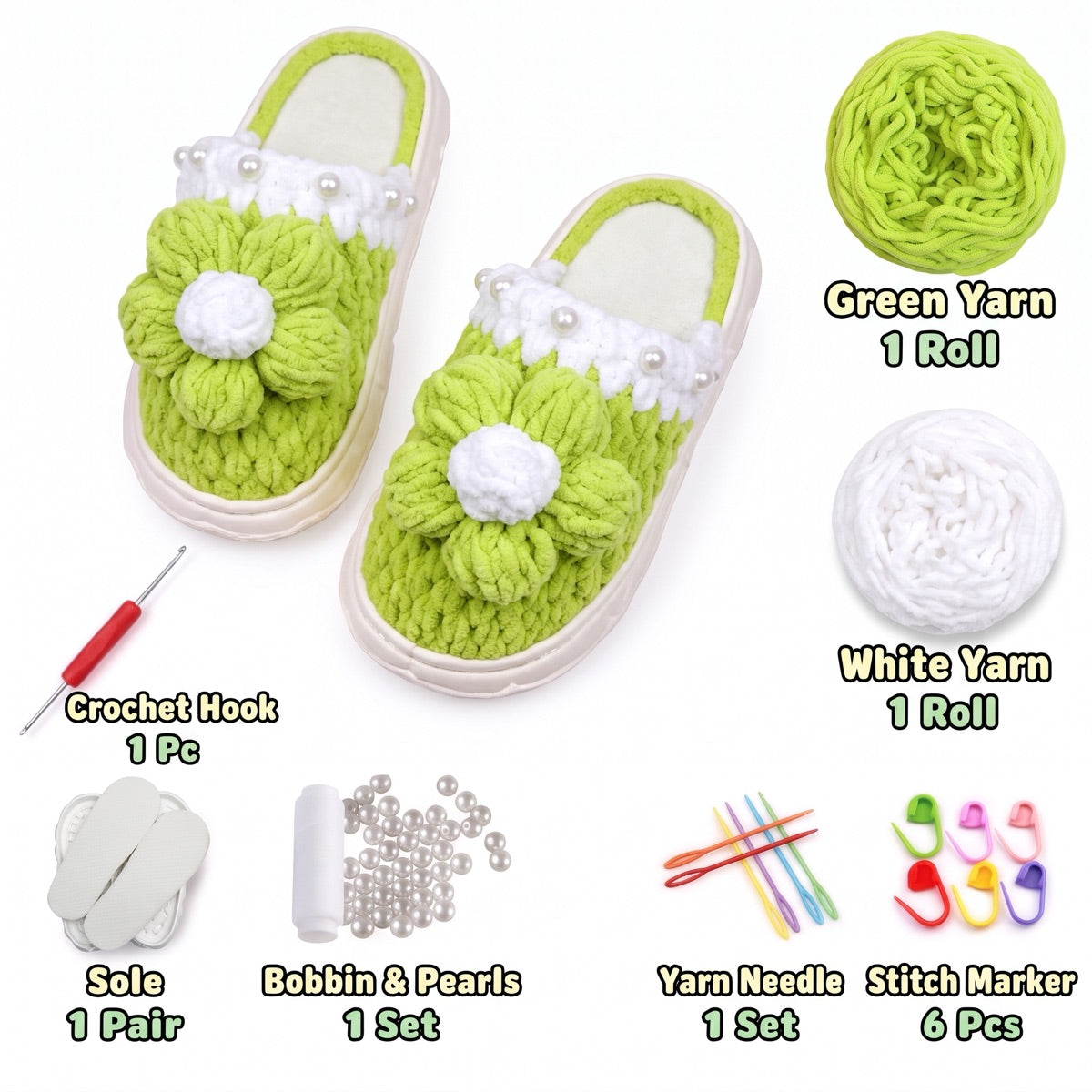 Green & White DIY crochet slipper kit with yarn, soles, crochet hook and accessories, design A10
