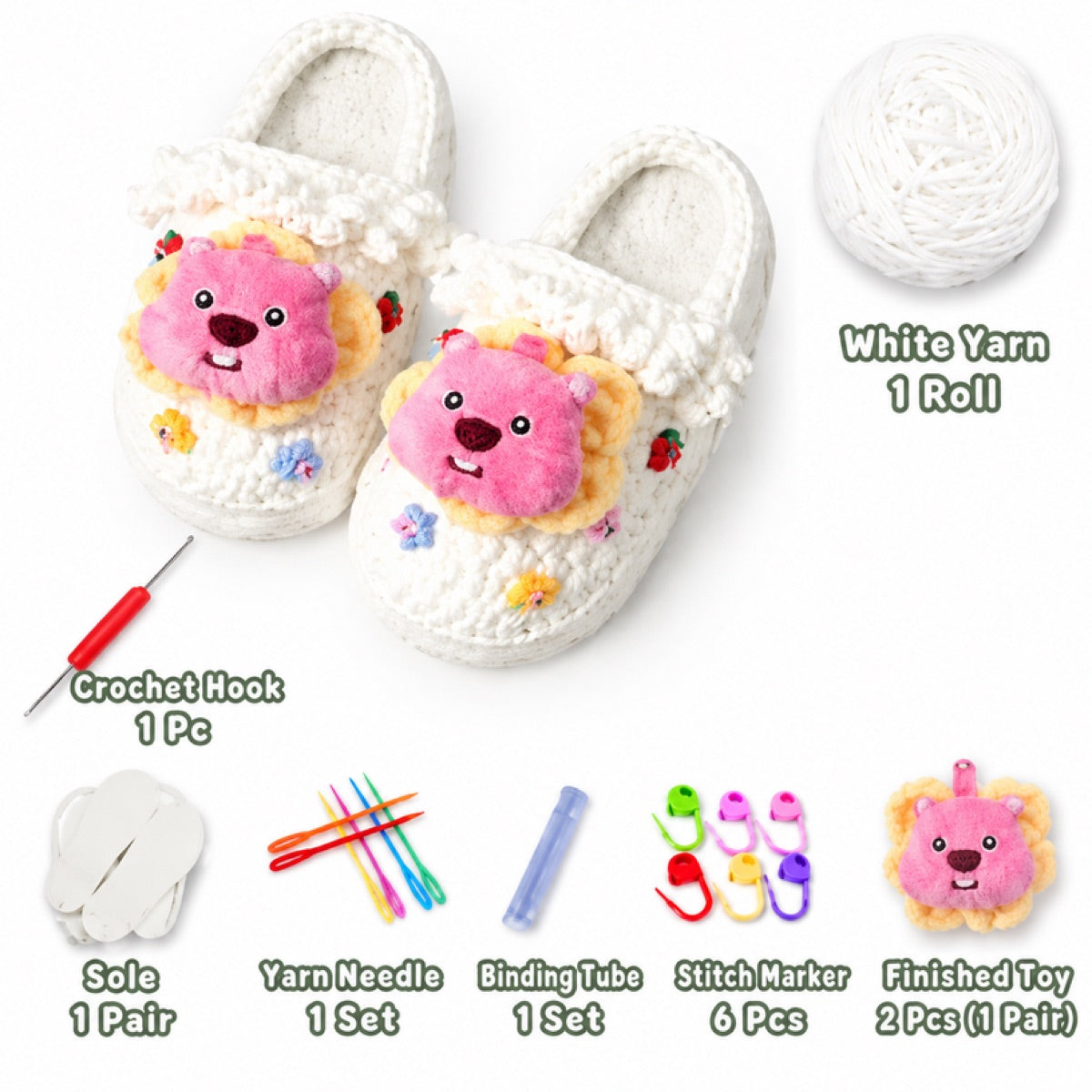 White DIY crochet slipper kit with yarn, soles, crochet hook and accessories, design A22