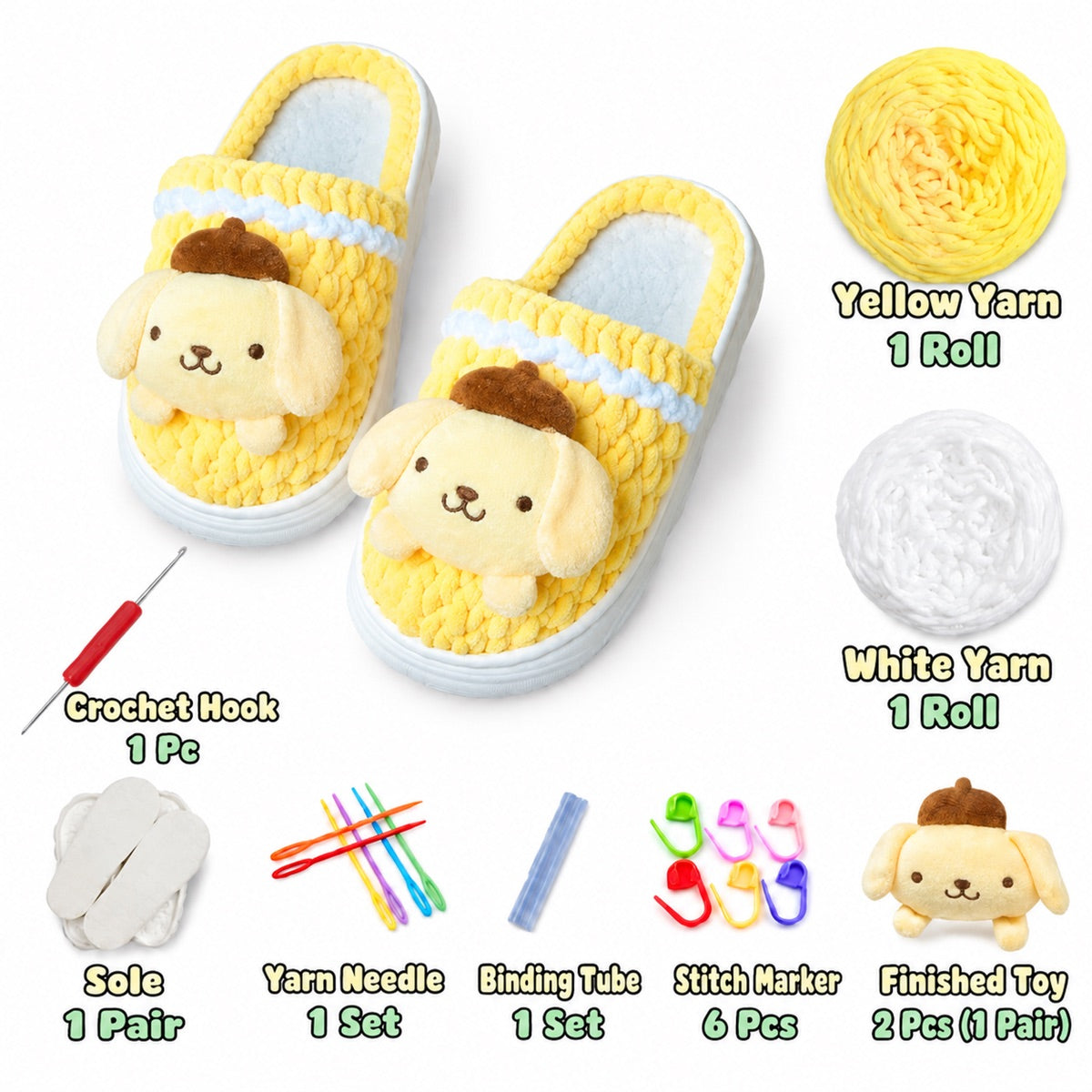 Golden Yellow & White DIY crochet slipper kit with yarn, soles, crochet hook and accessories, design A4