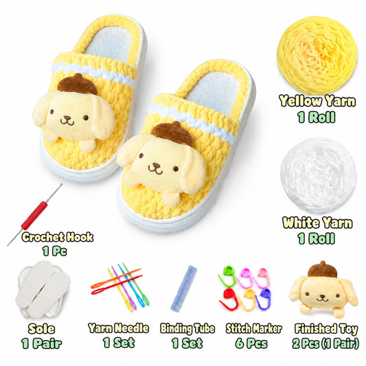 Golden Yellow & White DIY crochet slipper kit with yarn, soles, crochet hook and accessories, design A4