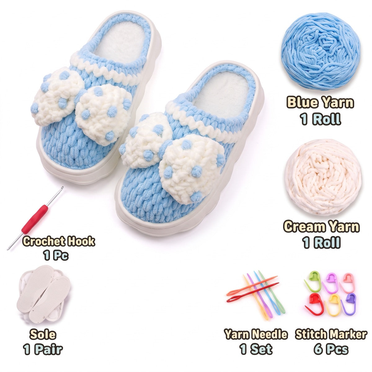 Blue & Cream DIY crochet slipper kit with yarn, soles, crochet hook and accessories, design A46
