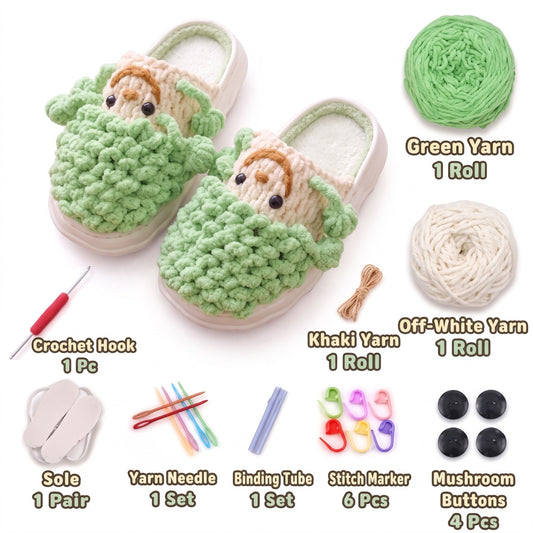 Green & Khaki DIY crochet slipper kit with yarn, soles, crochet hook and accessories, design A34