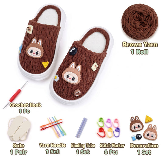 Rich Brown DIY crochet slipper kit with yarn, soles, crochet hook and accessories, design A25