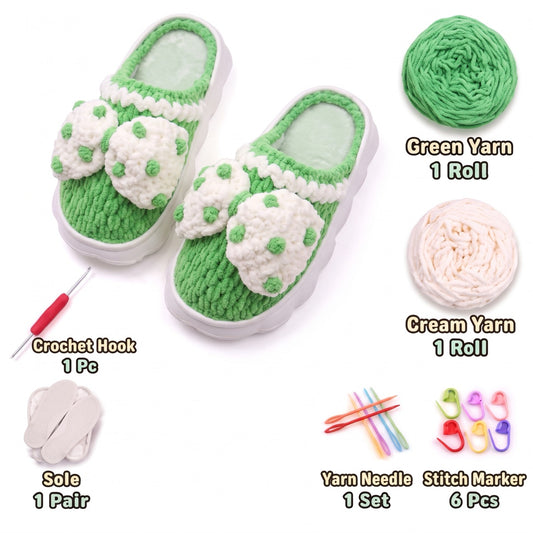 Leaf Green & Cream DIY crochet slipper kit with yarn, soles, crochet hook and accessories, design A45