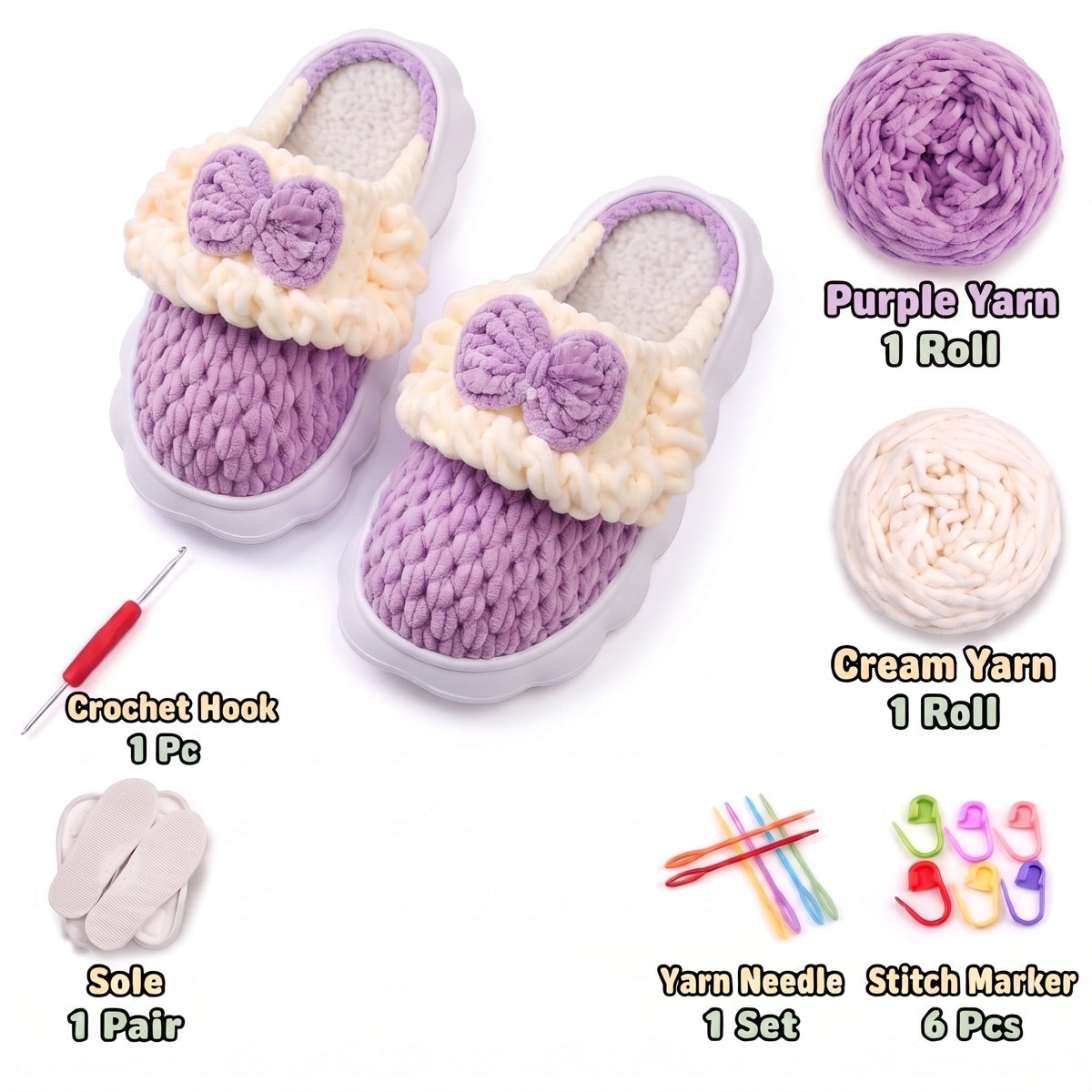 Purple & Cream DIY crochet slipper kit with yarn, soles, crochet hook and accessories, design A15