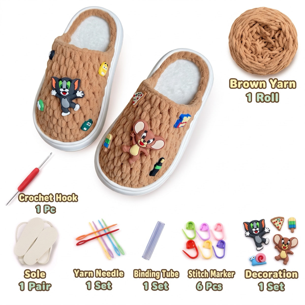 Brown DIY crochet slipper kit with yarn, soles, crochet hook and accessories, design A24