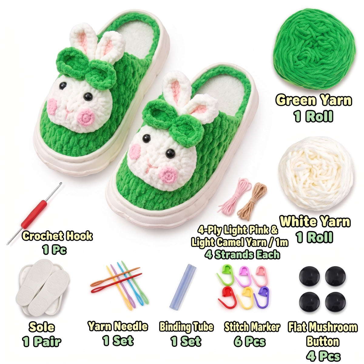 Green & Camel DIY crochet slipper kit with yarn, soles, crochet hook and accessories, design A26