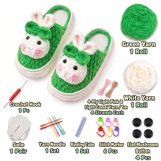 Green & Camel DIY crochet slipper kit with yarn, soles, crochet hook and accessories, design A26