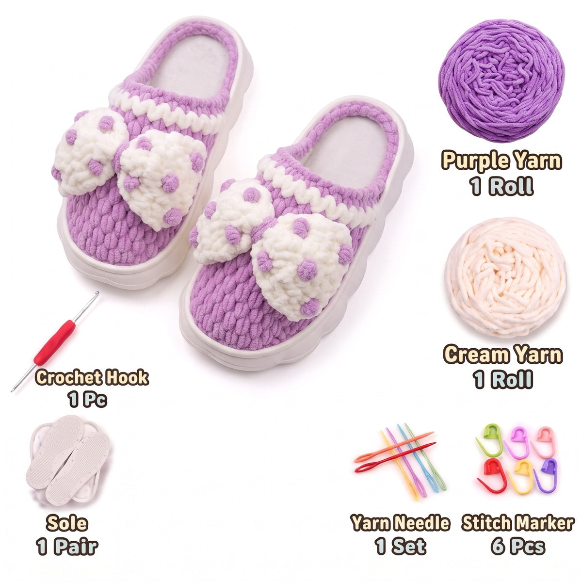 Purple & Cream DIY crochet slipper kit with yarn, soles, crochet hook and accessories, design A43