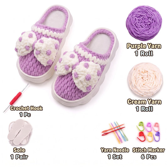 Purple & Cream DIY crochet slipper kit with yarn, soles, crochet hook and accessories, design A43