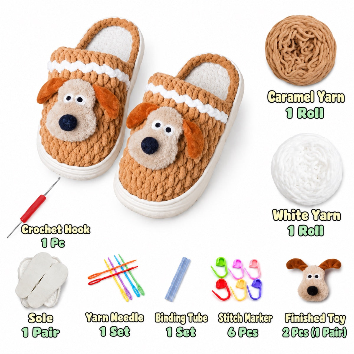 Caramel & White DIY crochet slipper kit with yarn, soles, crochet hook and accessories, design A5