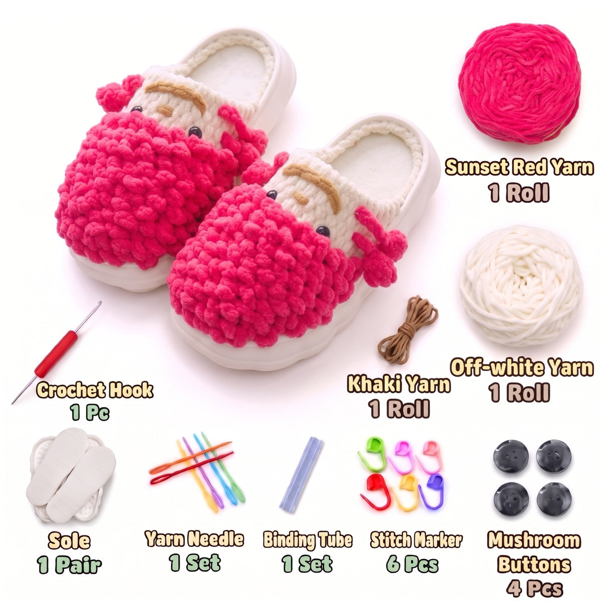 Sunset Red & Khaki DIY crochet slipper kit with yarn, soles, crochet hook and accessories, design A39