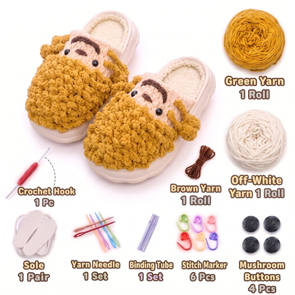 Green & Brown DIY crochet slipper kit with yarn, soles, crochet hook and accessories, design A36