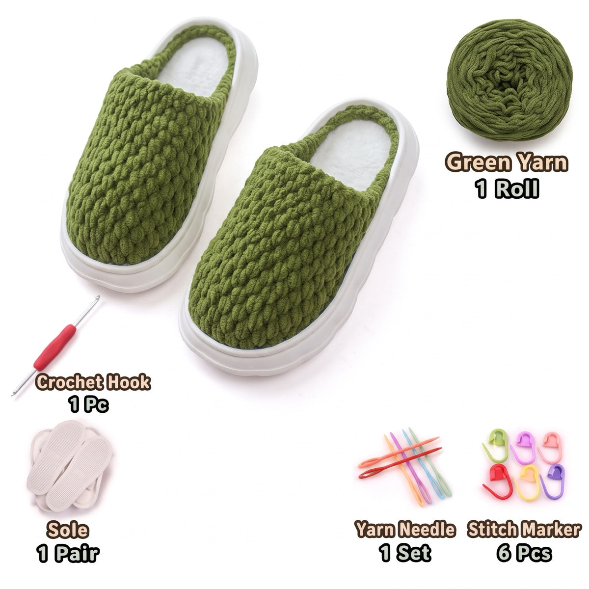 Green DIY crochet slipper kit with yarn, soles, crochet hook and accessories, design A52