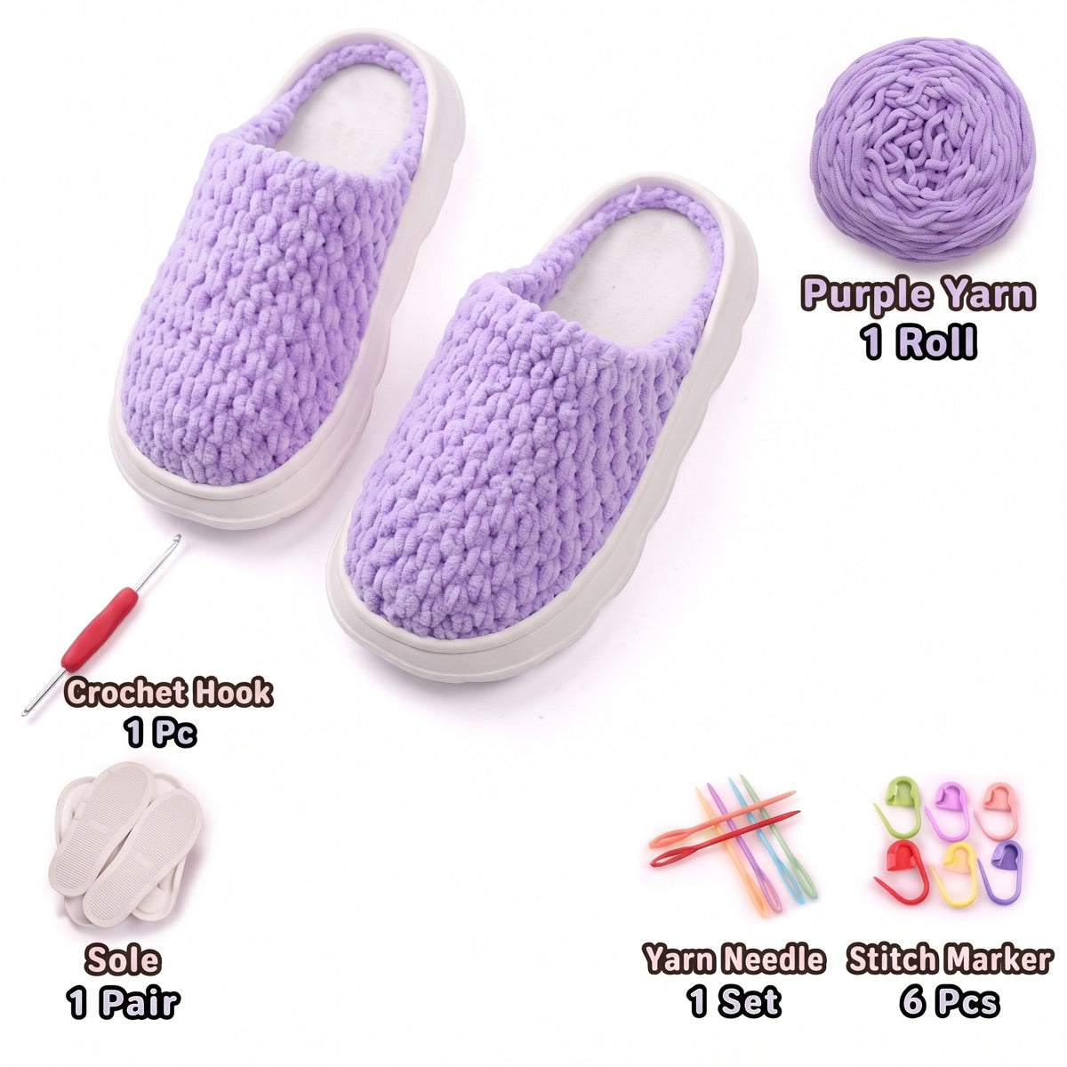 Purple DIY crochet slipper kit with yarn, soles, crochet hook and accessories, design A50