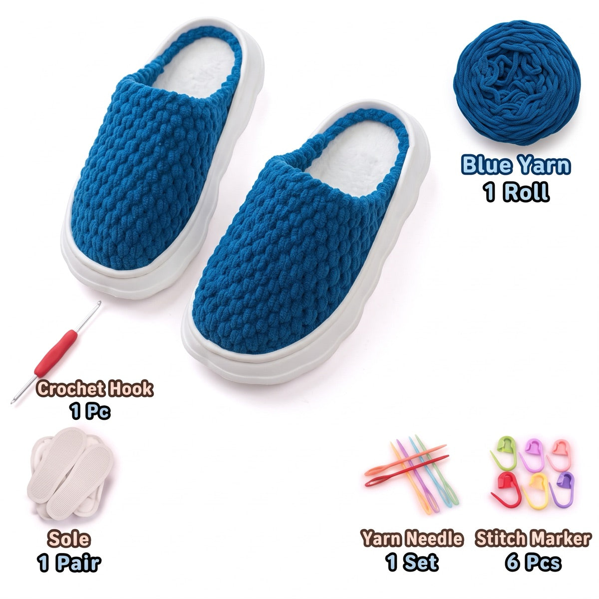 Blue DIY crochet slipper kit with yarn, soles, crochet hook and accessories, design A48