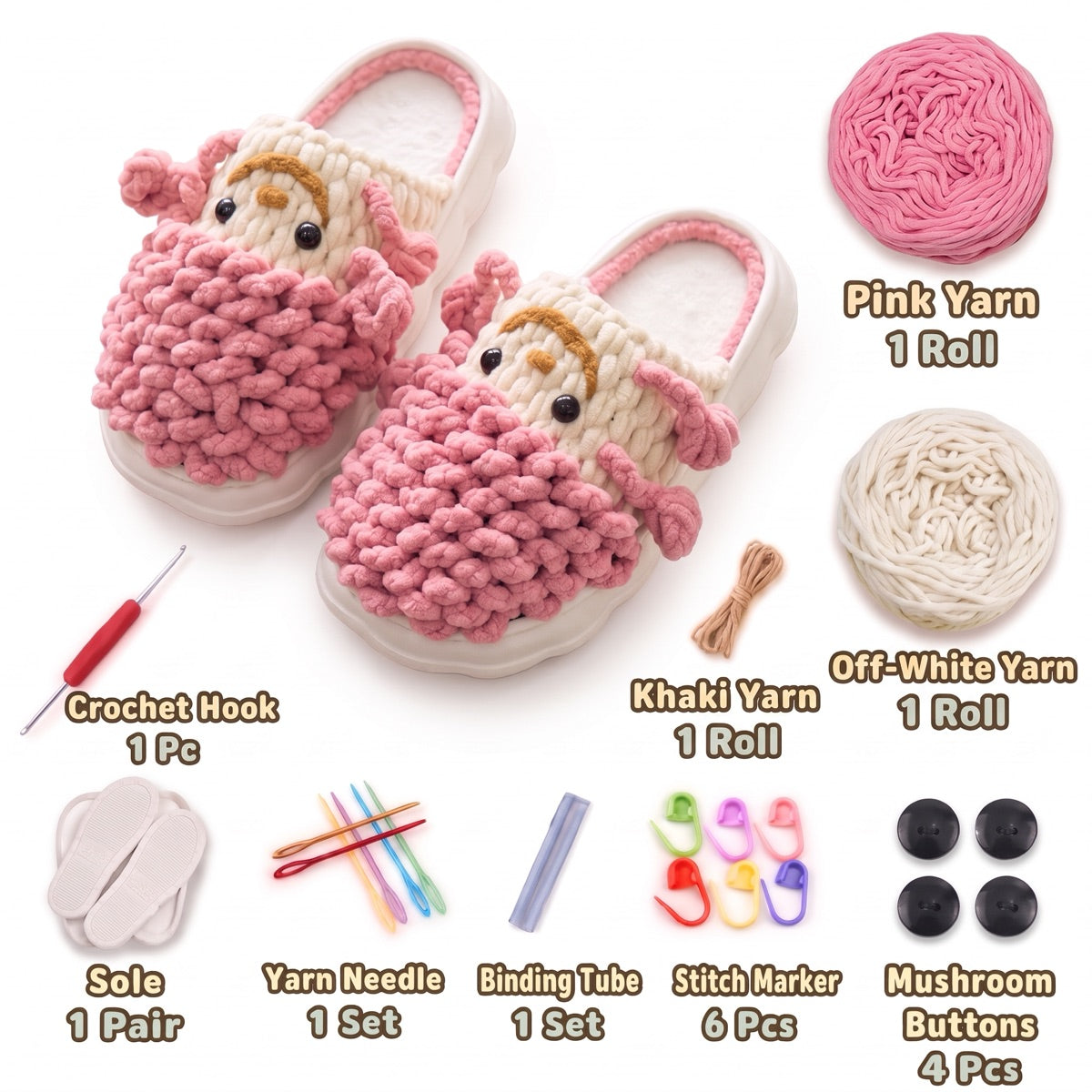 Pink & Khaki DIY crochet slipper kit with yarn, soles, crochet hook and accessories, design A35