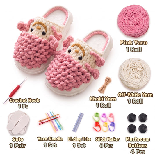 Pink & Khaki DIY crochet slipper kit with yarn, soles, crochet hook and accessories, design A35
