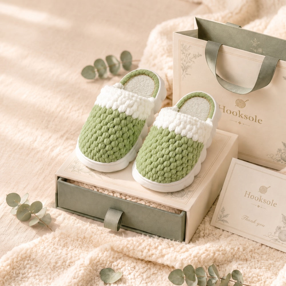 Olive Green Knit-Look Plush Slippers – Soft Cushioned House Shoes, product photo 1 of 5