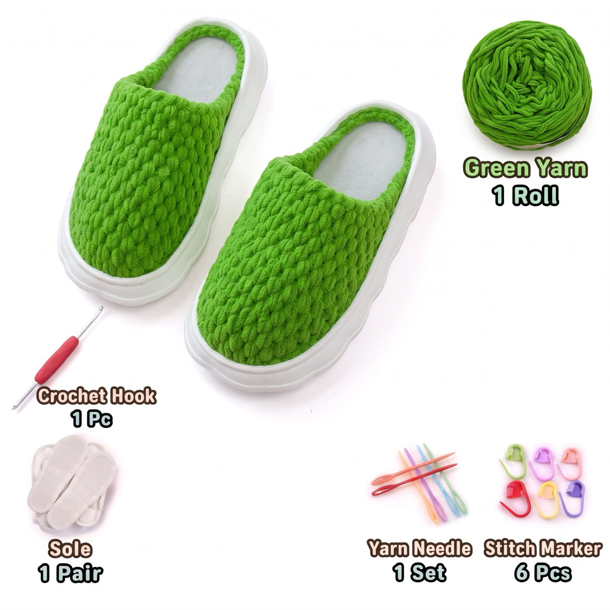 Green DIY crochet slipper kit with yarn, soles, crochet hook and accessories, design A49