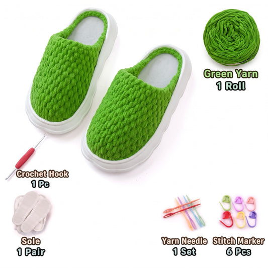 Green DIY crochet slipper kit with yarn, soles, crochet hook and accessories, design A49