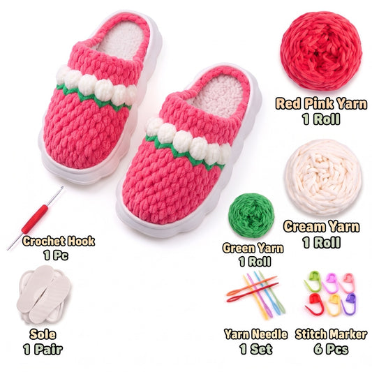 Coral, Cream & Green DIY crochet slipper kit with yarn, soles, crochet hook and accessories, design A33
