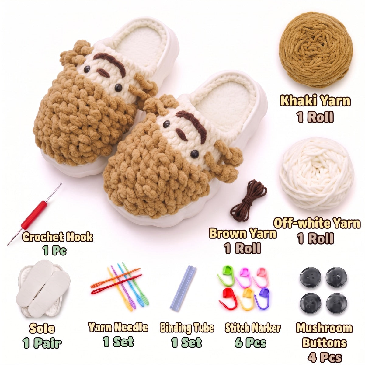 Khaki & Brown DIY crochet slipper kit with yarn, soles, crochet hook and accessories, design A40