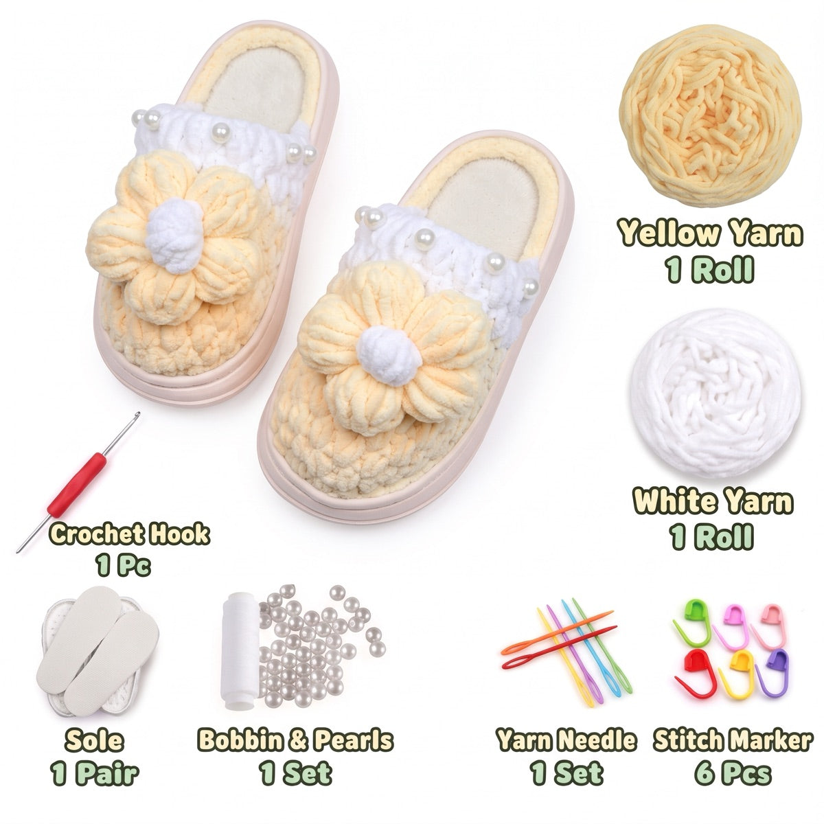 Yellow & White DIY crochet slipper kit with yarn, soles, crochet hook and accessories, design A11