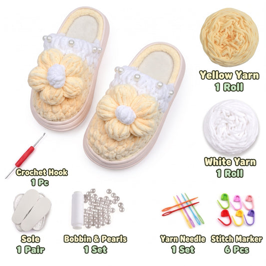 Yellow & White DIY crochet slipper kit with yarn, soles, crochet hook and accessories, design A11