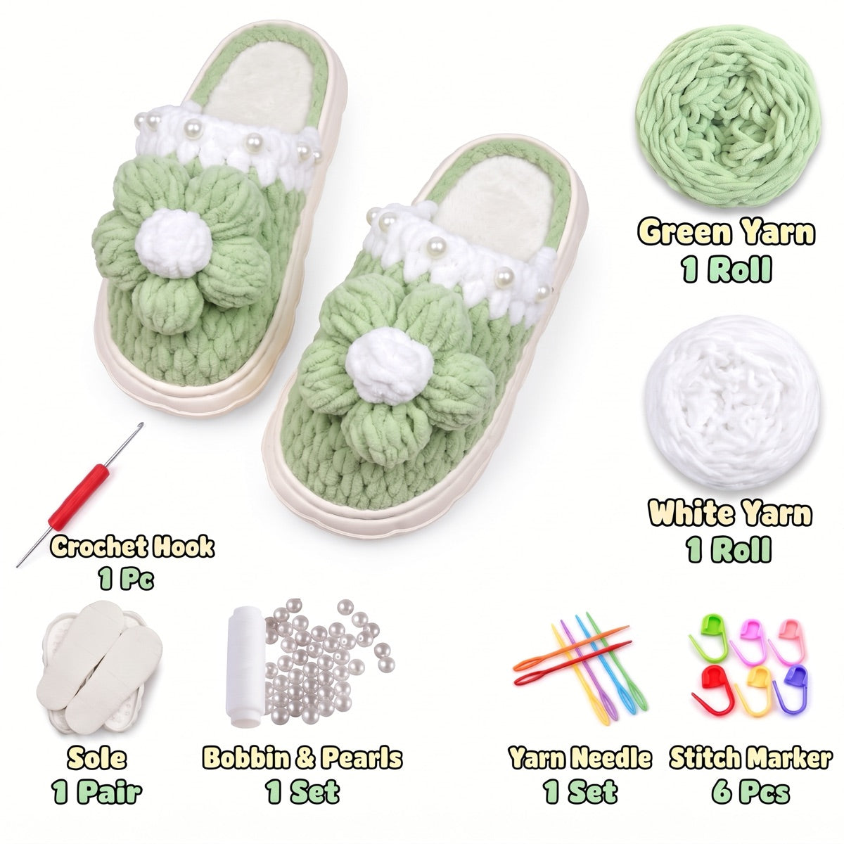 Green & White DIY crochet slipper kit with yarn, soles, crochet hook and accessories, design A8