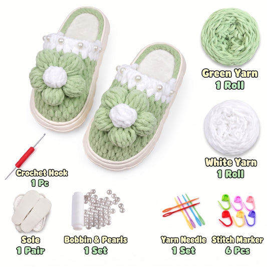 Green & White DIY crochet slipper kit with yarn, soles, crochet hook and accessories, design A8