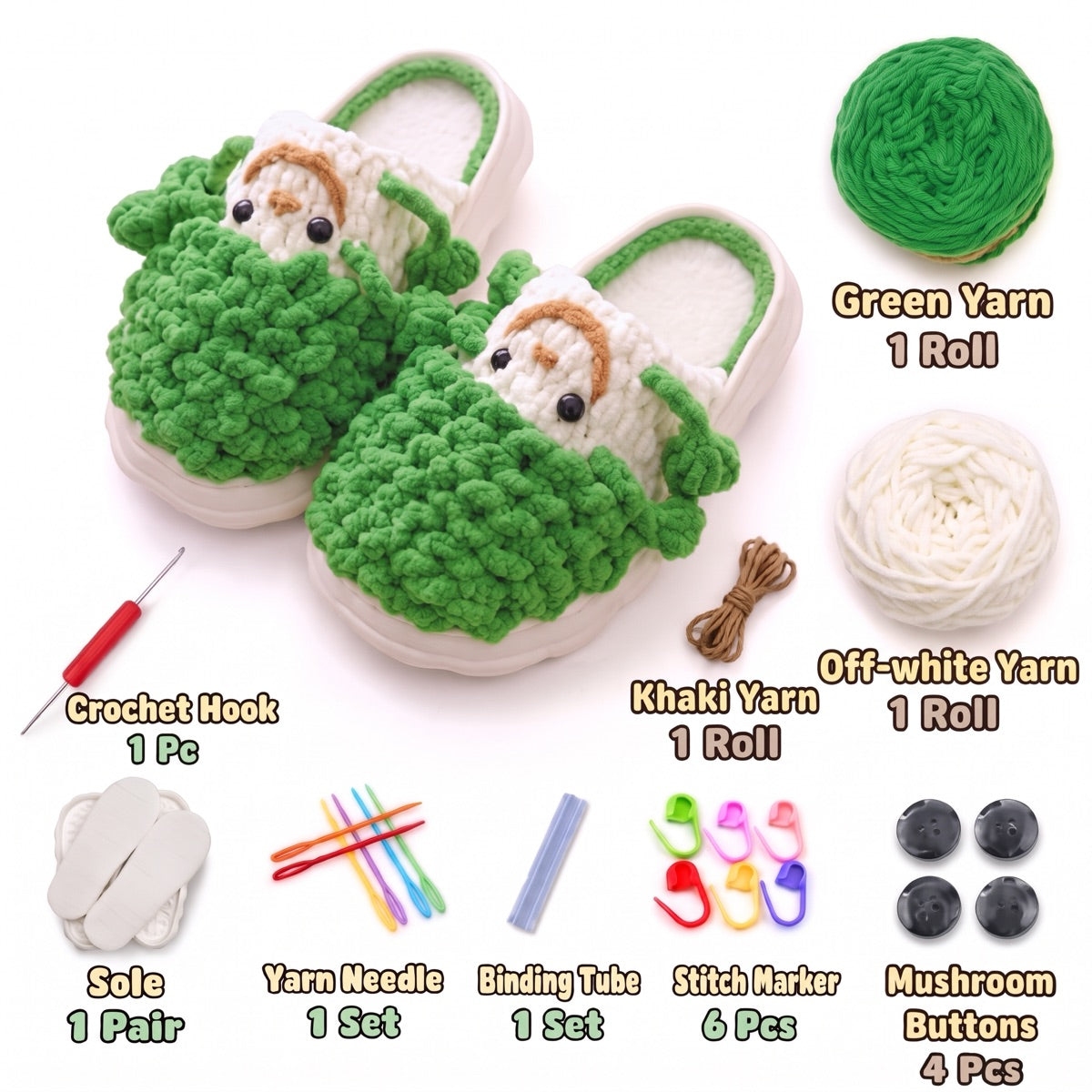 Garden Green & Khaki DIY crochet slipper kit with yarn, soles, crochet hook and accessories, design A38