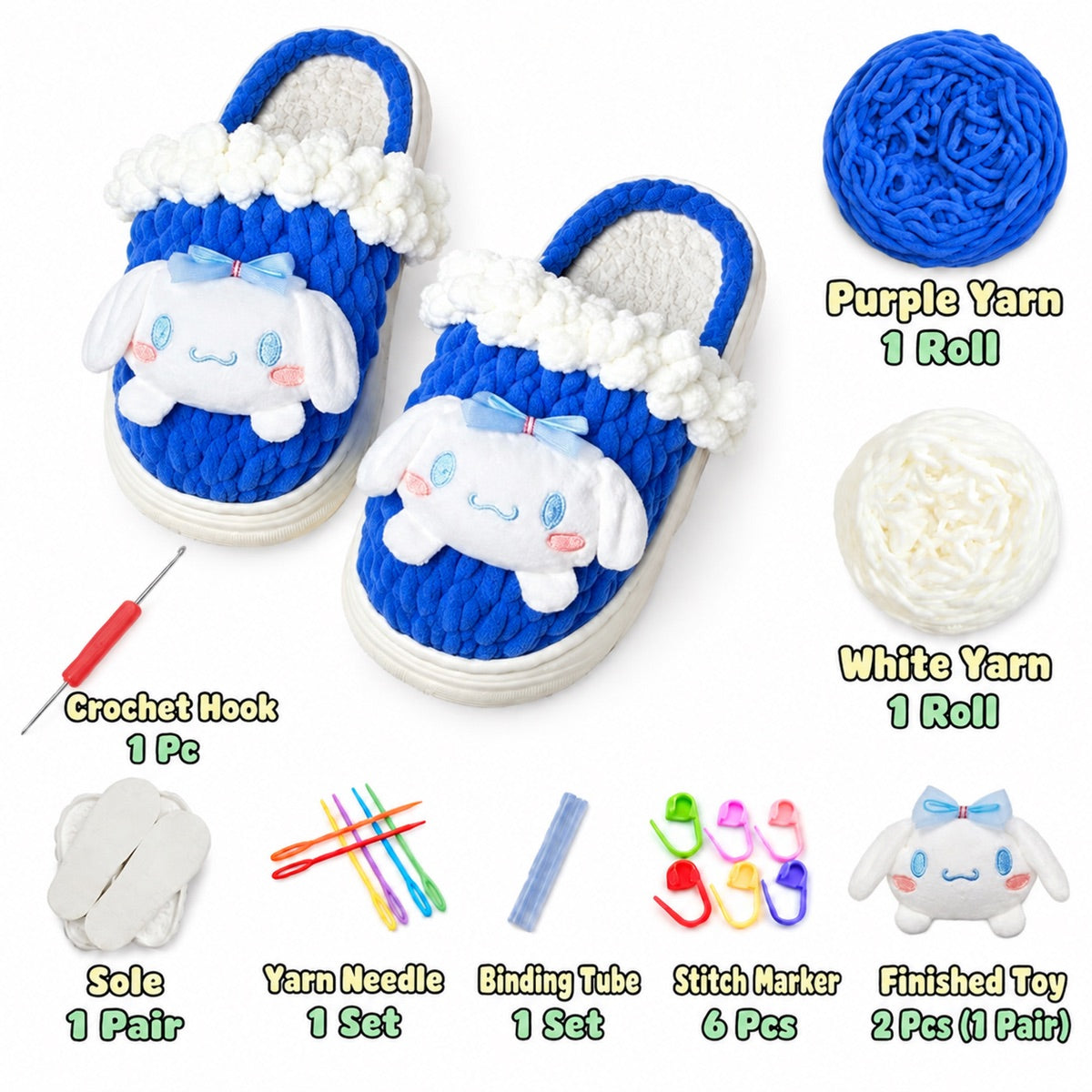 Purple & White DIY crochet slipper kit with yarn, soles, crochet hook and accessories, design A3