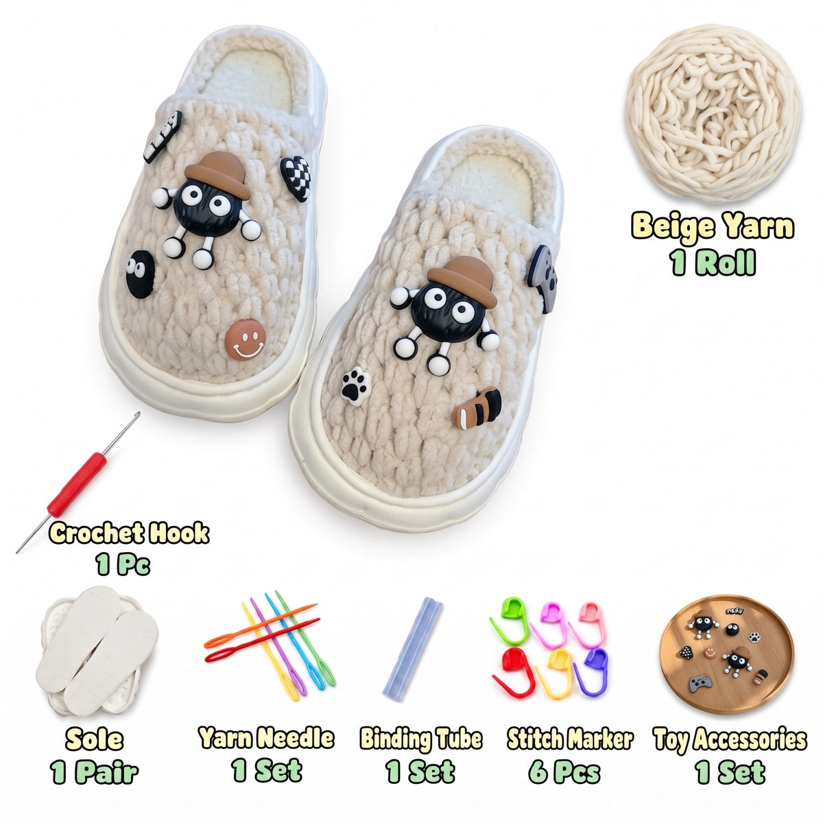 Beige DIY crochet slipper kit with yarn, soles, crochet hook and accessories, design A6